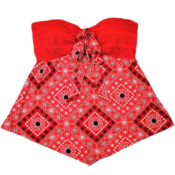 Juniors XL No Boundaries Red Crochet Trim Halter Top with Hanky Hem Smocked Back - Picture 3 of 12